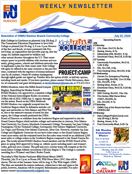 ENMU-Ruidoso Weekly Newsletter July 22 thumbnail graphic