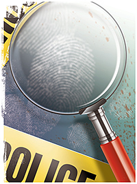 Police magnifying glass over fingerprint