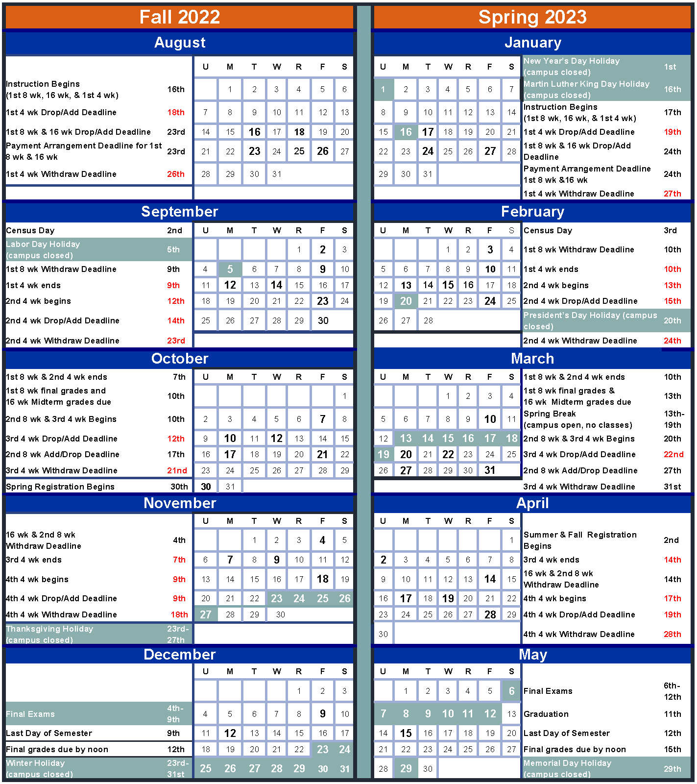 2022-23 Academic calendars