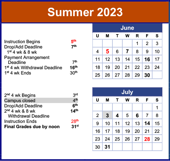 Summer 2023 academic calendar