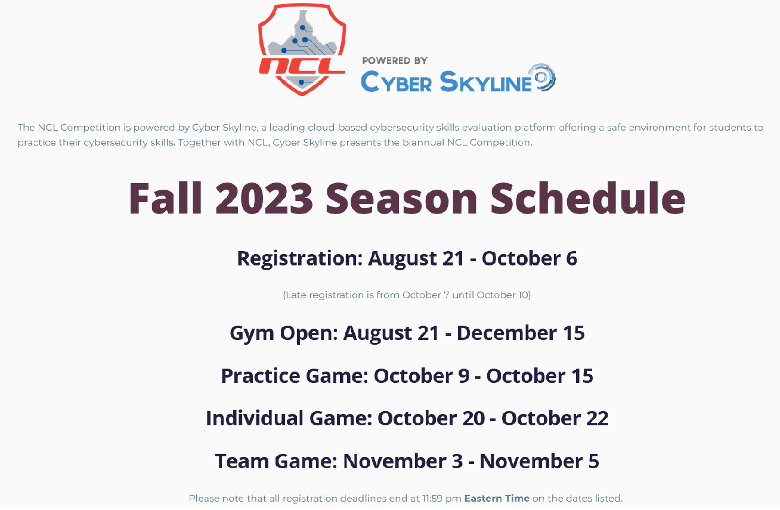 NCL Fall 2023 schedule