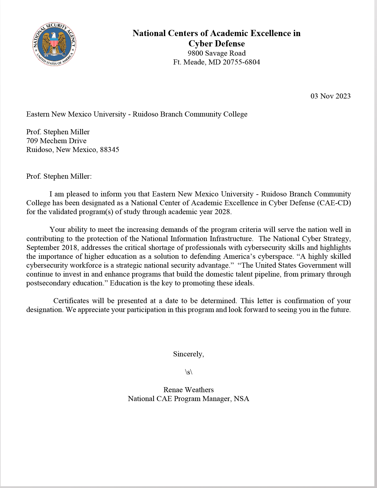 National Centers of Academic Excellence in Cyber Defense Designation letter, 2023