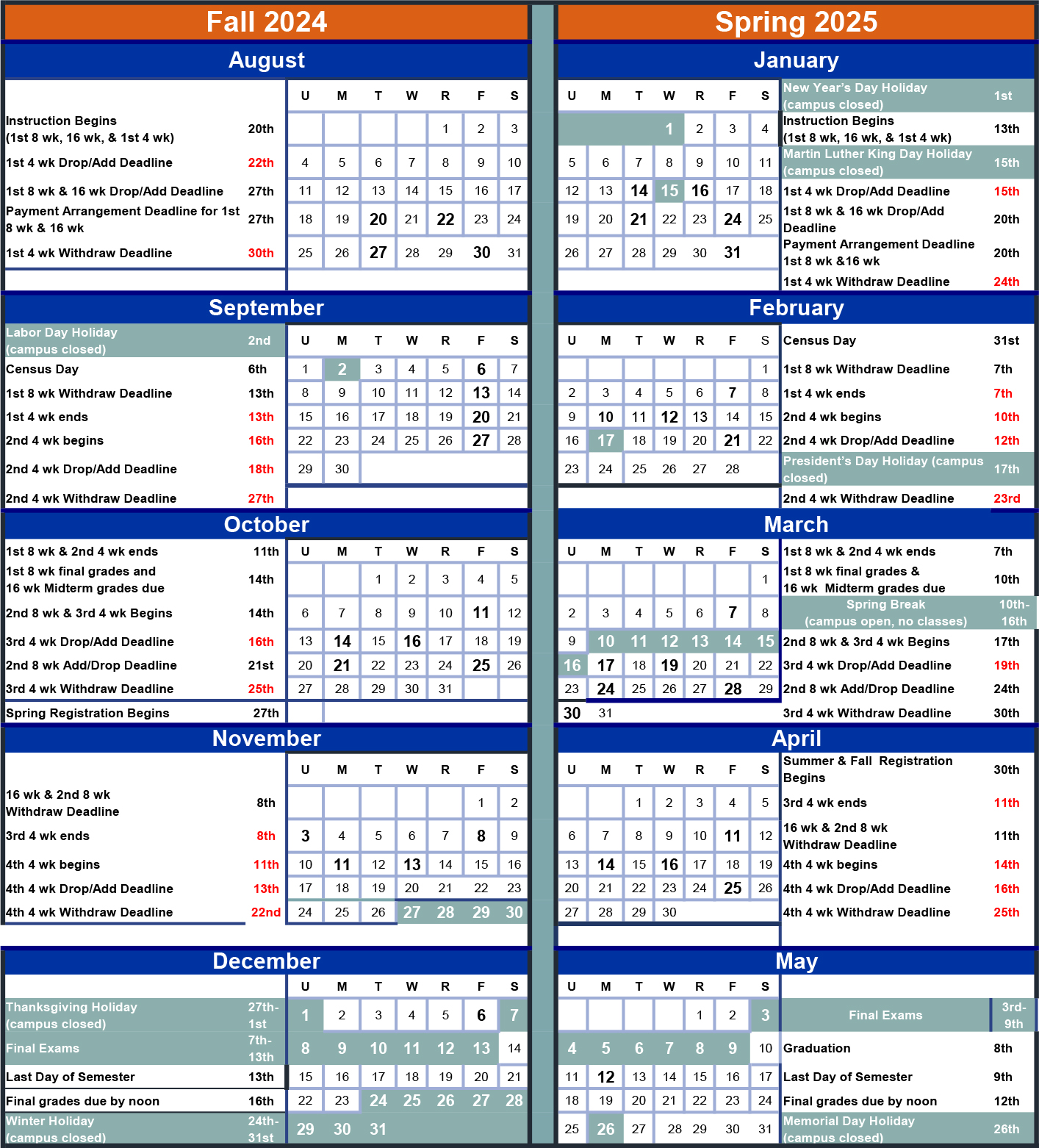 2024-25 Academic calendars