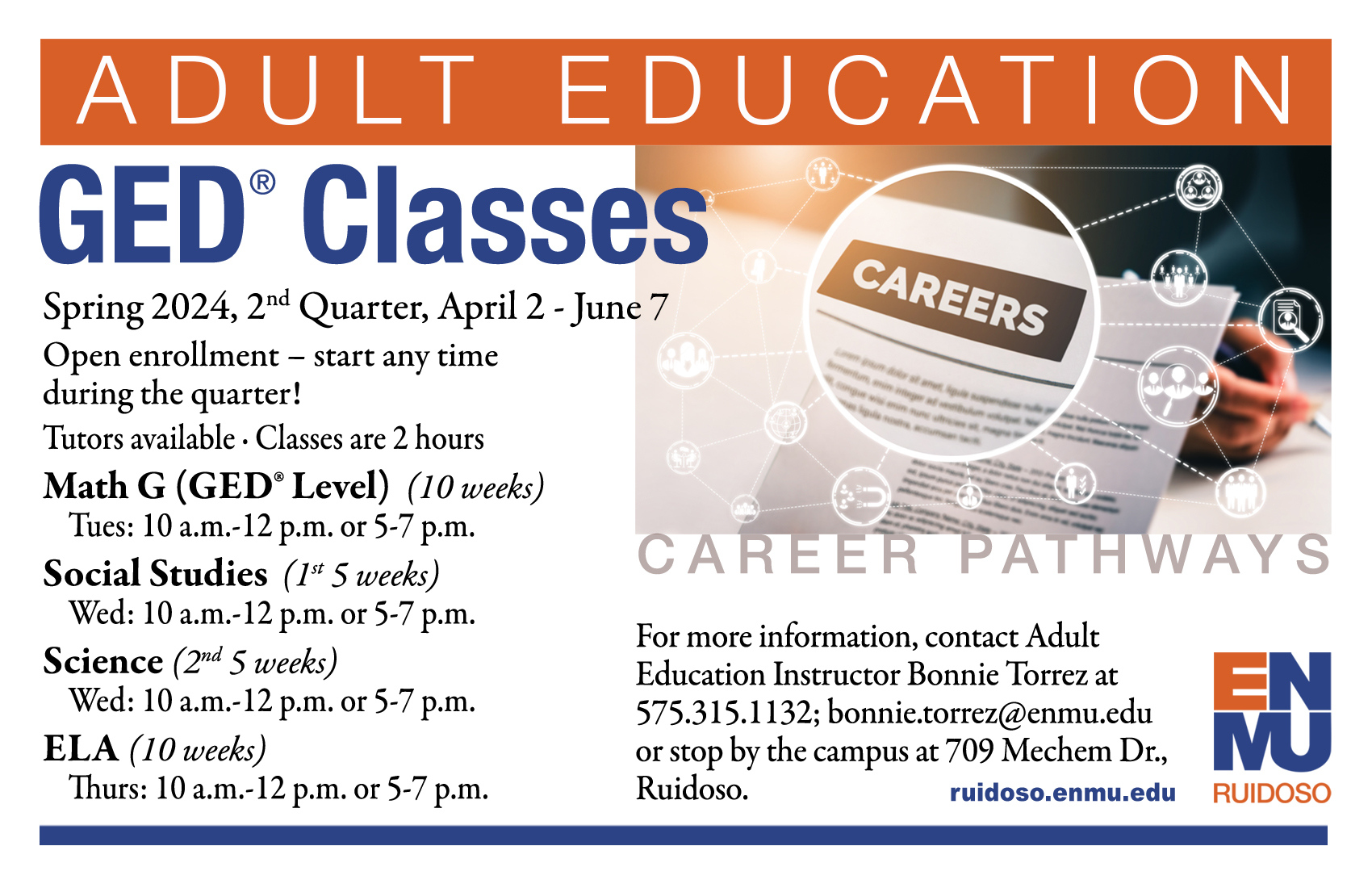 GED® class schedule, 2nd Quarter, Spring 2024 graphic