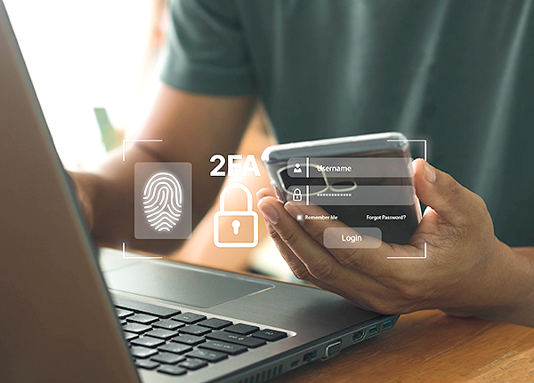 Photo of someone at computer; hand holding phone with graphics of security methods