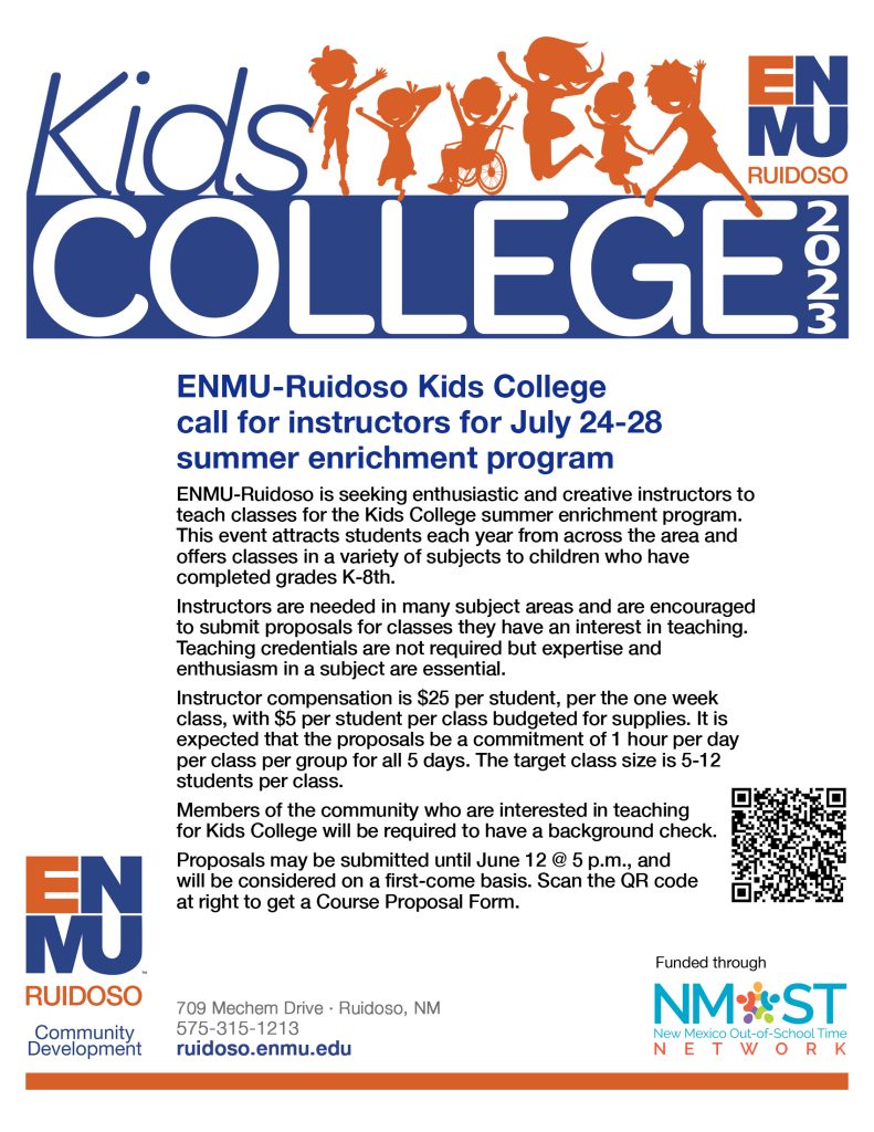 Kids College Call for Instructors flyer