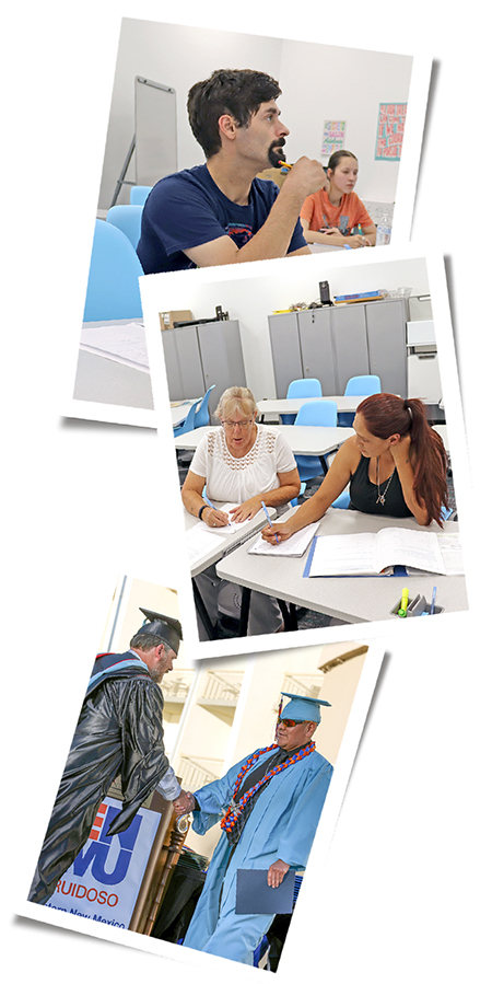 Photos of adult education students in classroom and at graduation