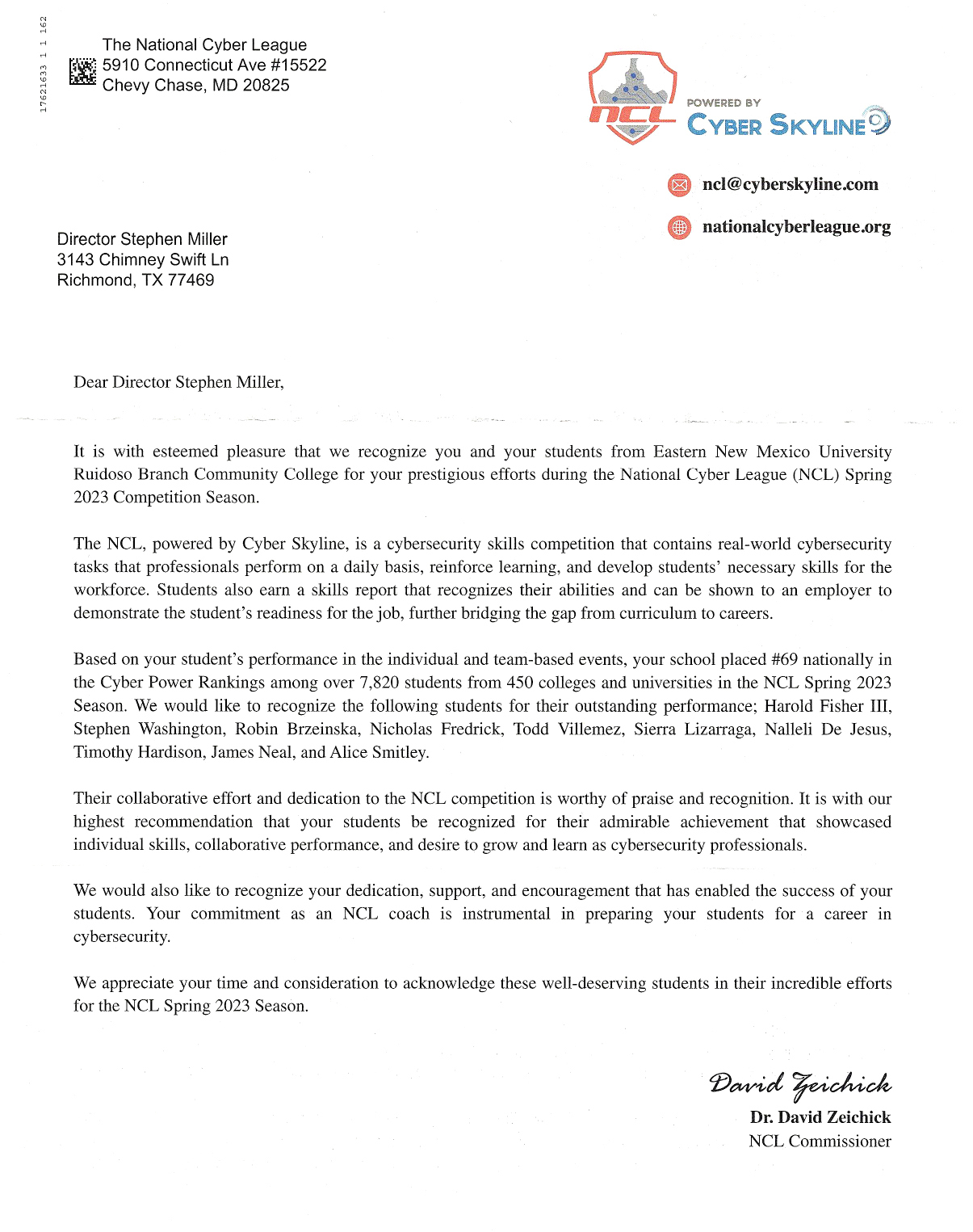 NCL letter re: 2023 Spring Competition