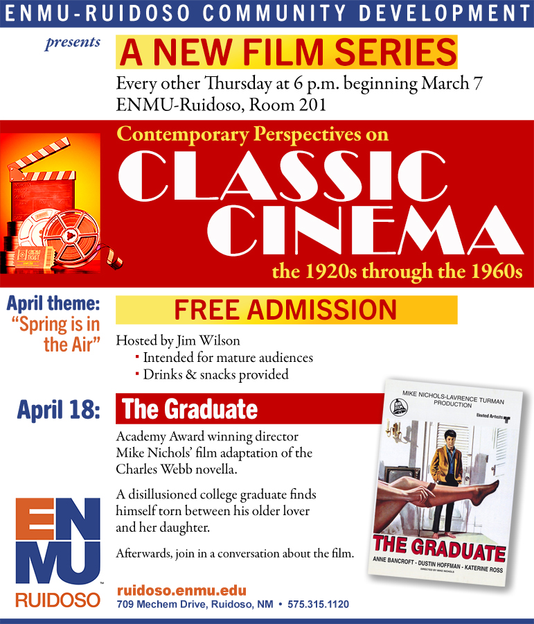 Classic Cinema series for April 18, "The Graduate" graphic