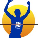 Graphic showing silhouette of runner crossing a finish line with ENMU-Ruidoso logo