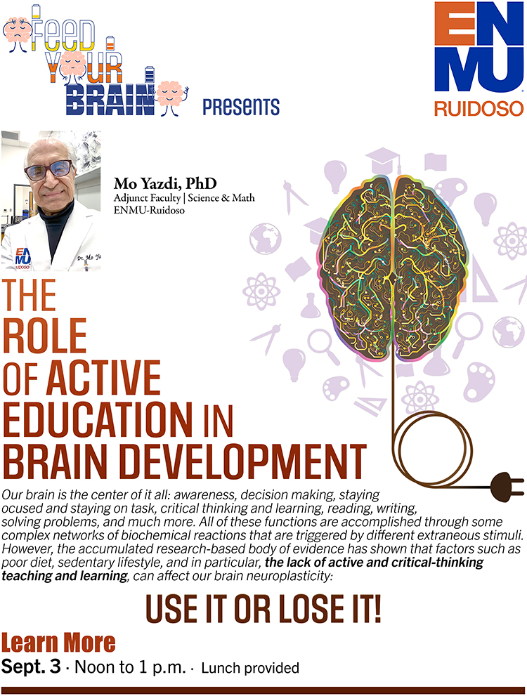 Feed Your Brain Presentation: The Role of Active Education in Brain Development, Sept. 3 at noon in the Learning Commons graphic