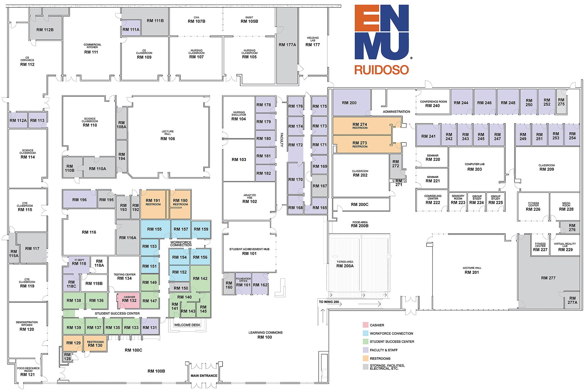 Campus map showing room numbers and legend of departments