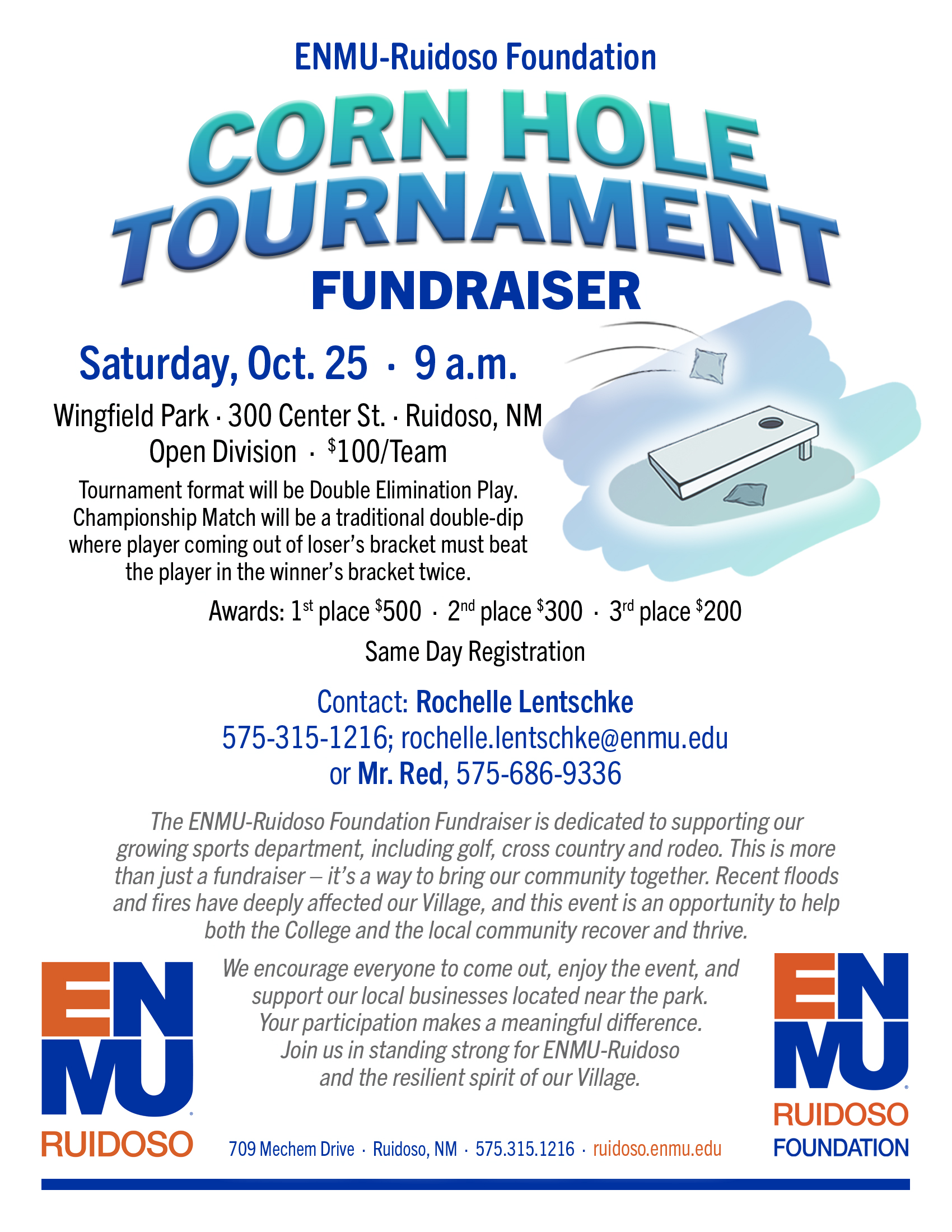 Corn Hole Tournament Fundraiser, Oct. 25 at Wingfield Park, 9 a.m. flyer