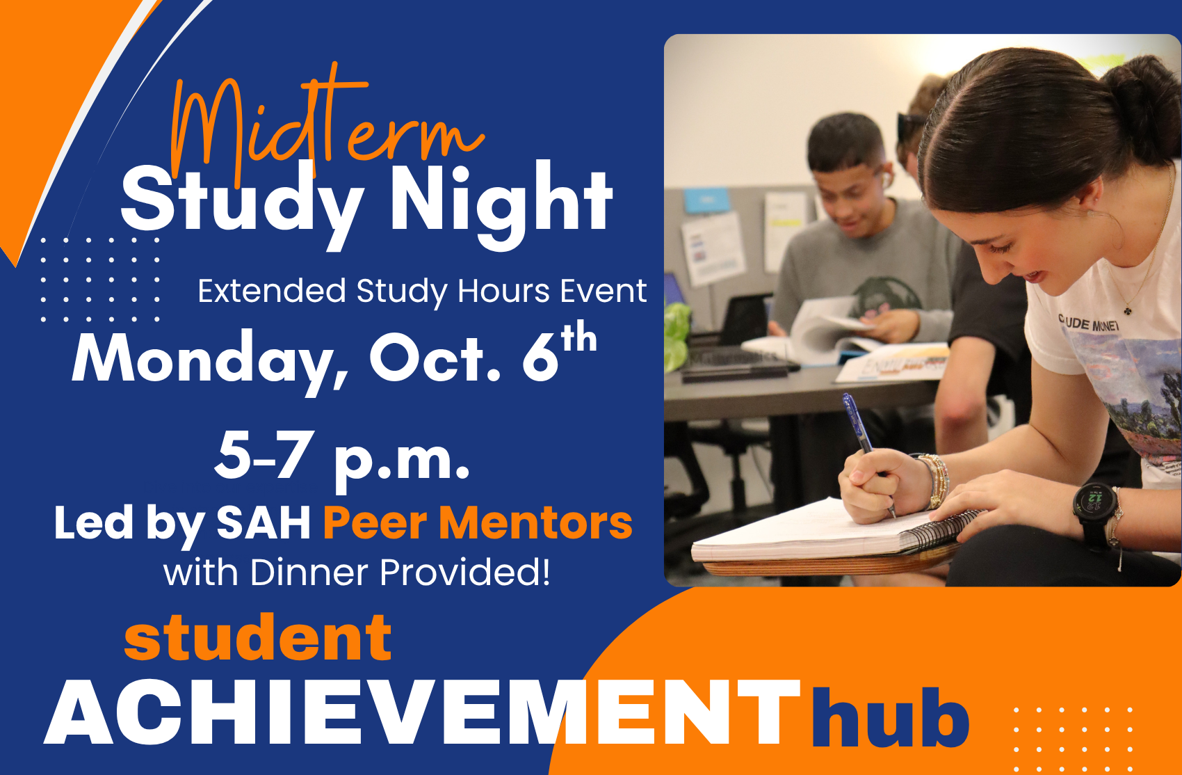 Midterm Study Night, Oct. 6, 5-7 p.m. in the Student Achievement Hub graphic