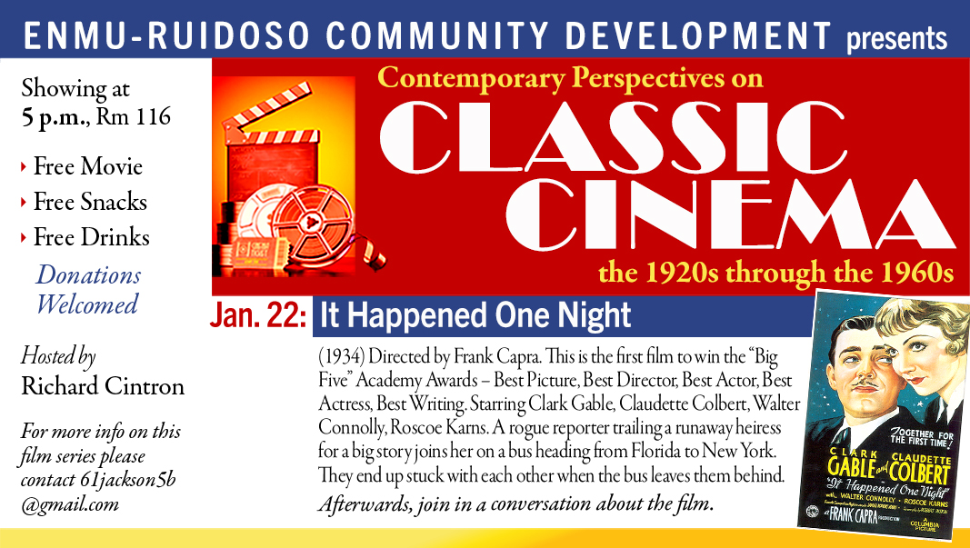 Classic Cinema series "It Happened One Night", Jan. 22, 5 p.m., Rm 116