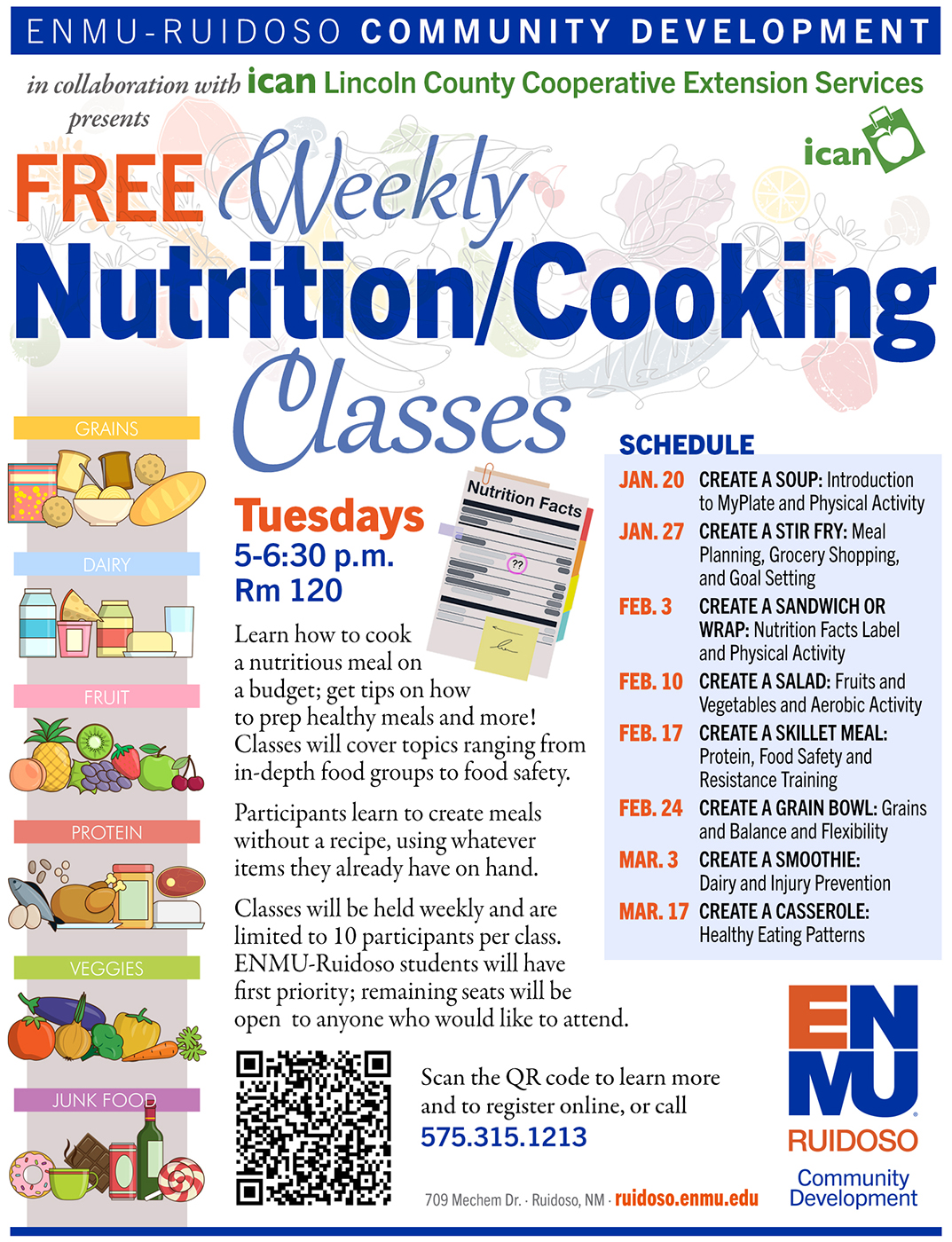Free Weekly Nutrition/Cooking Classes, Tuesdays, 5-6:30, rm 120 starting Jan. 20. Scan the QR code for more info and to register online, or call 575-315-1213