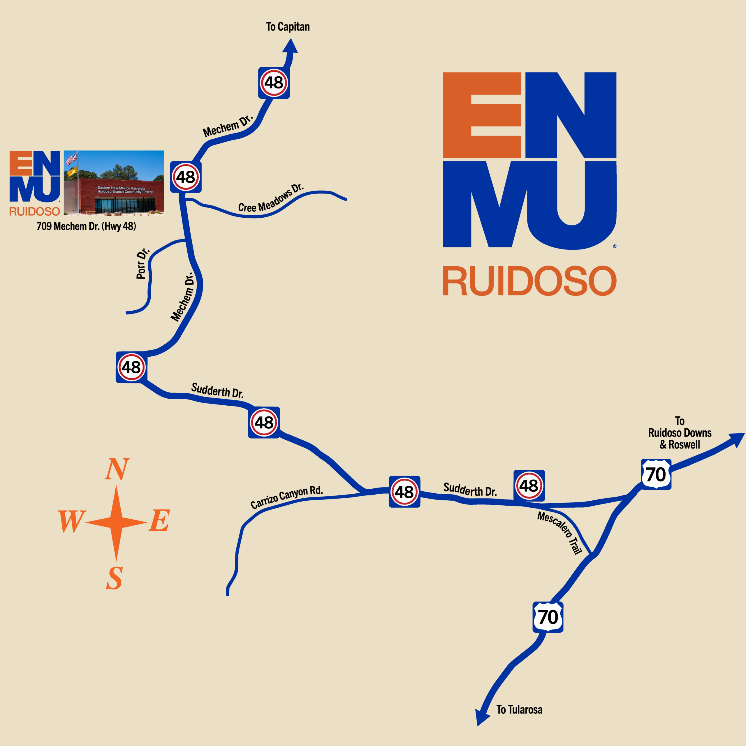 Map showing Hwy 70 and Hwy 48, logos for ENMU-Ruidoso and image of the campus
