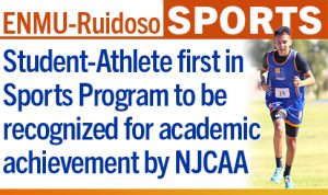 ENMU-Ruidoso Sports, Student Athlete first in Sports Program to be recognized for academic achievement by NJCAA - graphic with photo of Brayden Rocha running in cross country meet