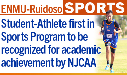 ENMU-Ruidoso Sports, Student Athlete first in Sports Program to be recognized for academic achievement by NJCAA - graphic with photo of Brayden Rocha running in cross country meet