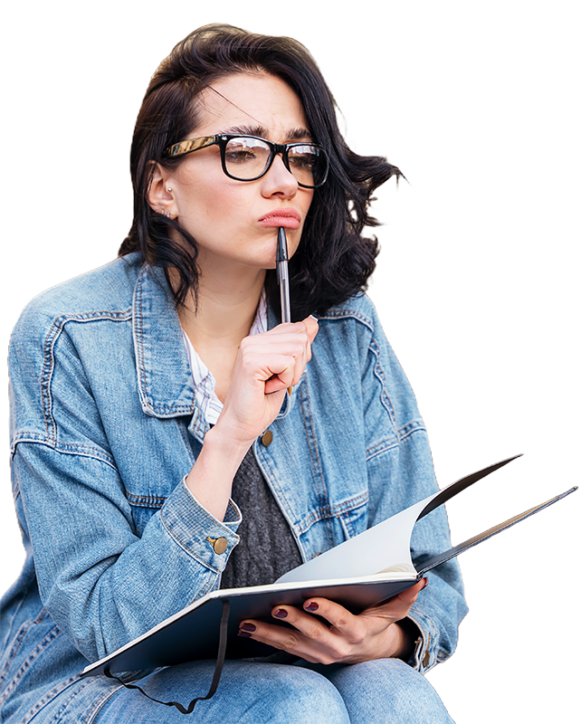 Female student with pen and notebook, looking contemplative