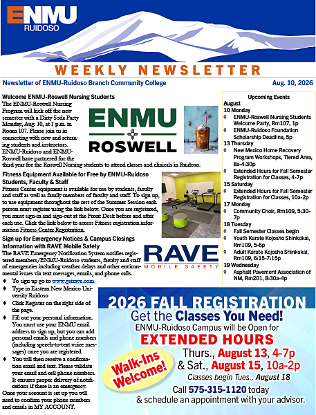 ENMU-Ruidoso Weekly Newsletter, Aug. 10, 2026 thumbnail graphic
