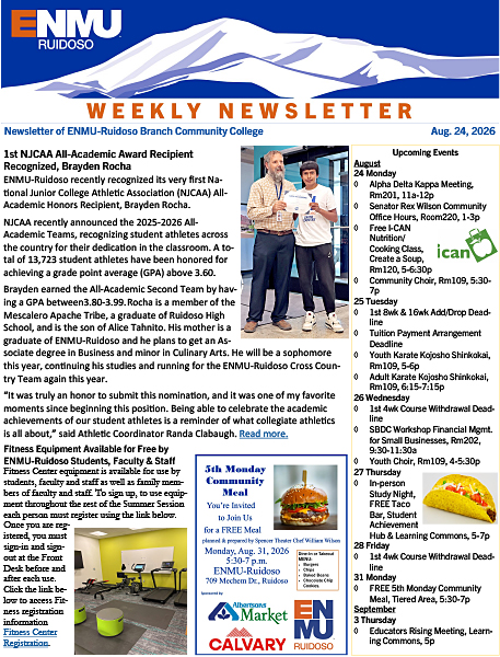 ENMU-Ruidoso Weekly Newsletter, Aug. 24, 2026 thumbnail graphic